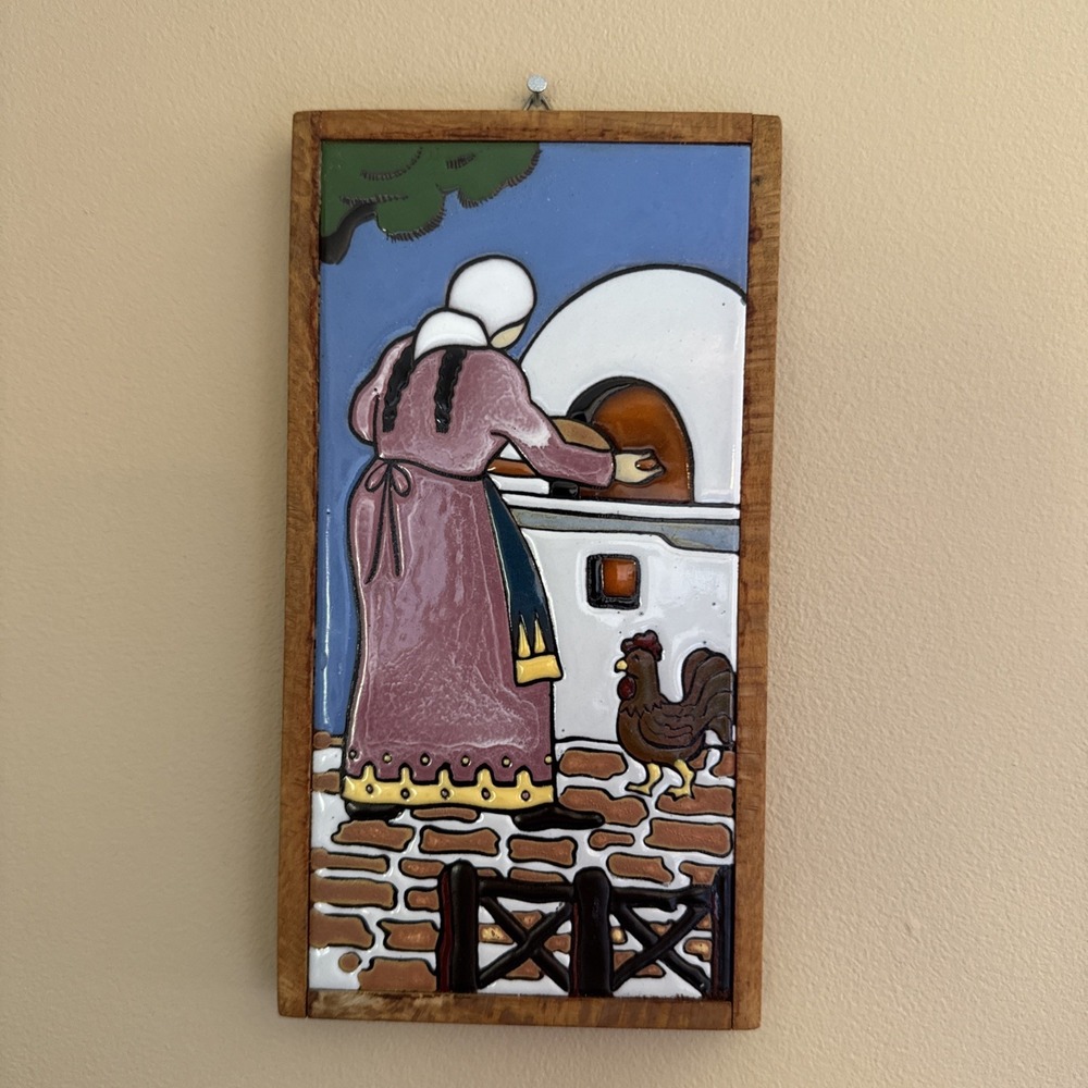 Vintage Helen Michaelides for E. Mixandidou Art Tile MCM Greek Artist Woman Hen